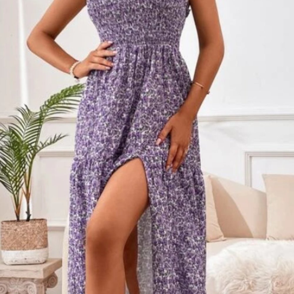 Ditsy Floral Print Shirred Split Thigh Cami Dress - Size XL 12